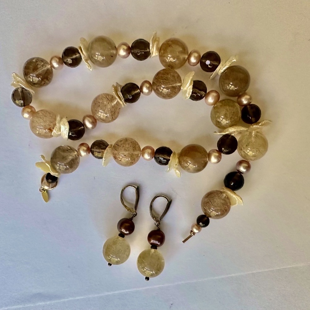 Zoe B 14K gold set cultured pearls topaz rutilated quartz necklace + earrings